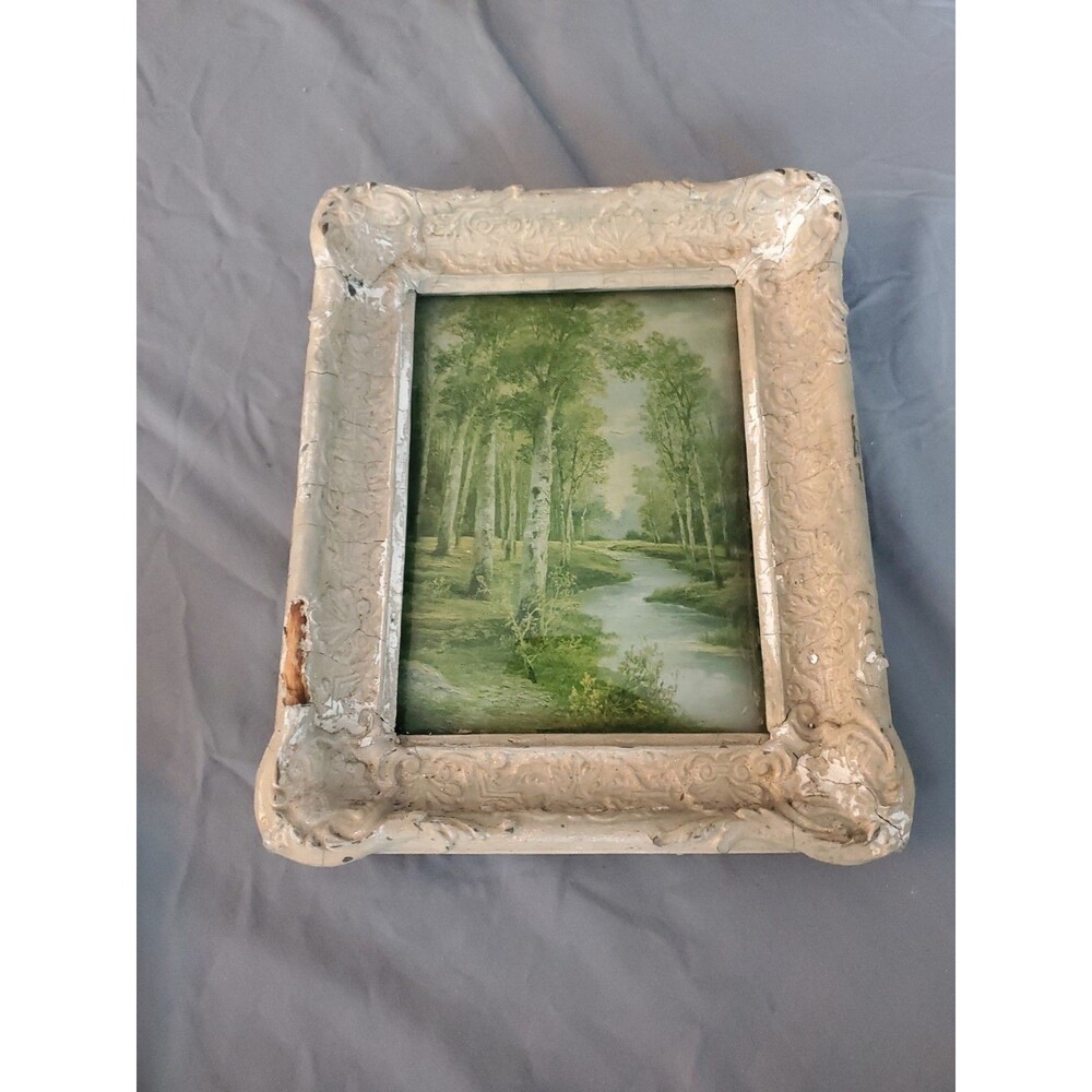 Vtg Antique Wooden Picture Frame W/Domed Bubble Glass Outdoor Stream Trees Read